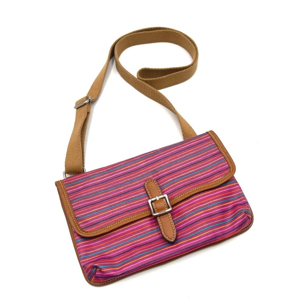 FOSSIL pink crossbody bag coated fabric waterproof stripped magnetic closure